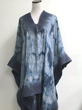 Hand Made Silk felted wool long poncho v neck lagenlook caftan dress One Size
